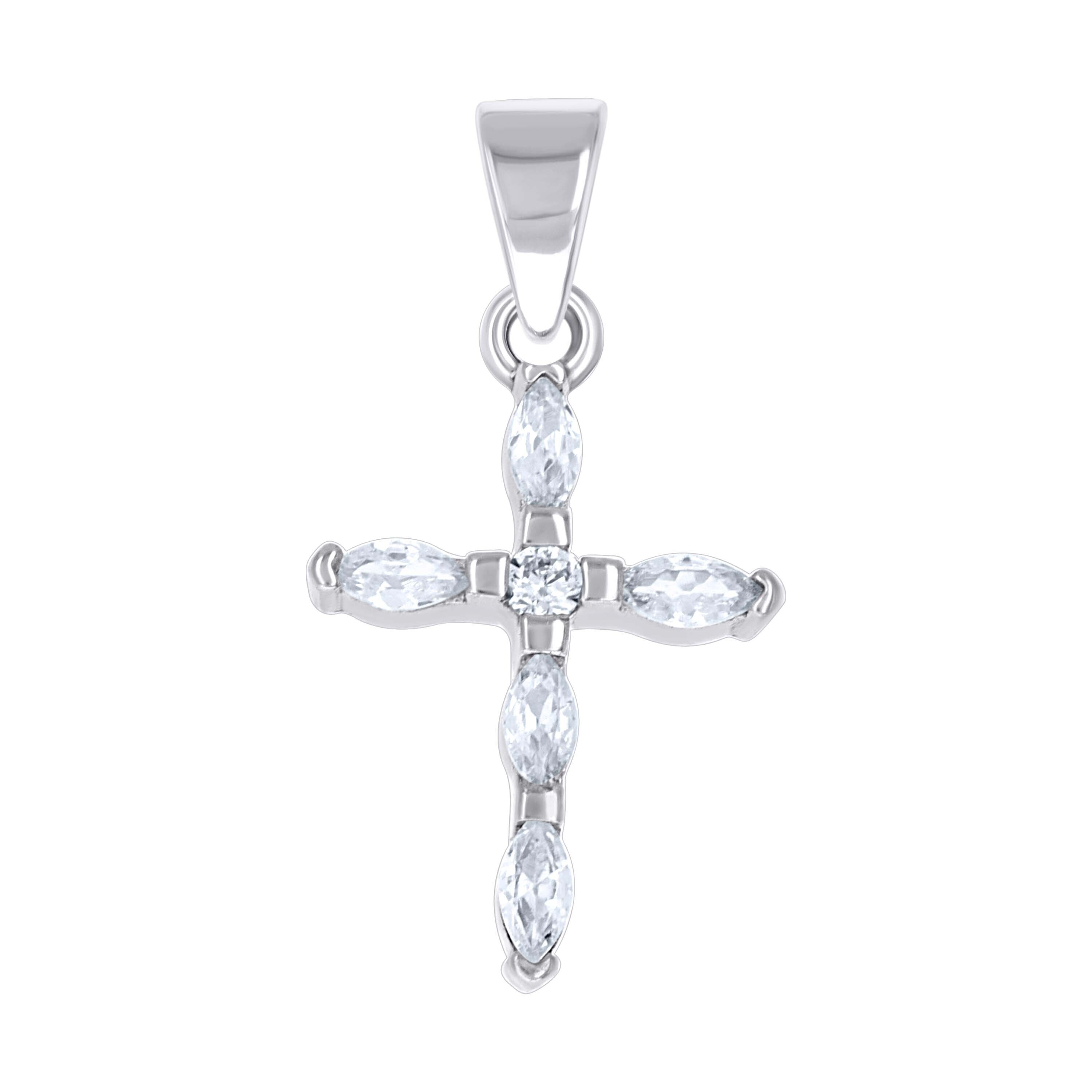 925 Sterling Silver Unisex Marquise Round Cubic-Zirconia Cross Religious Pendant